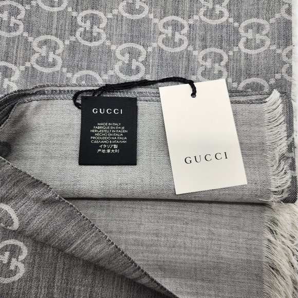 Gucci Wool Silk Monogram Fringe Scarf/Shawl | Gray | NEW - Picture 5 of 7